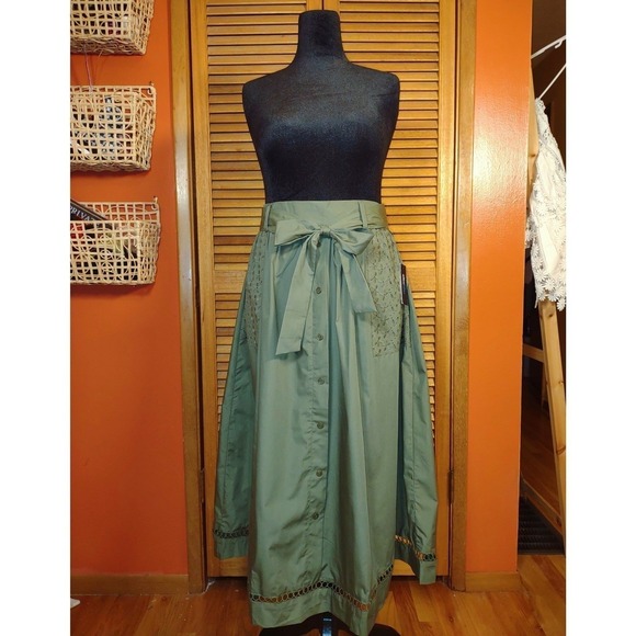 Olive Green Cotton Eyelet Maxi Skirt - Sheen Buttons Bow Tie Elastic Waist - S - Picture 2 of 13